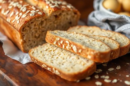 خبز شوفان بالعسل الذهبي على لوح خشبي، قشرة ذهبية وبخار دافئ