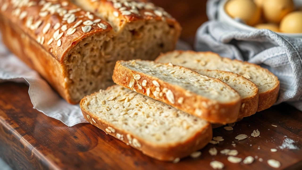 خبز شوفان بالعسل الذهبي على لوح خشبي، قشرة ذهبية وبخار دافئ