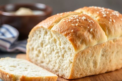 Loaf of fluffy homemade white sandwich bread cooling on wooden board
