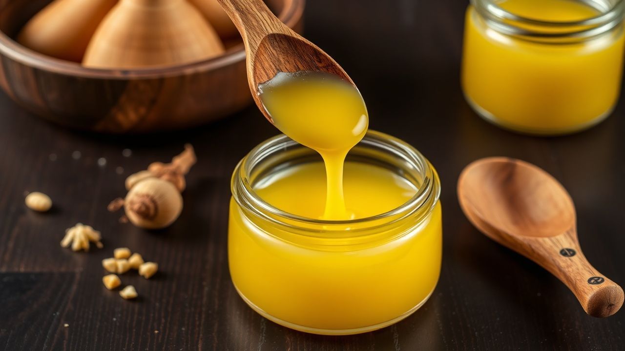 Glass jar of golden ghee and spoon on wood, homemade ghee shelf life guide