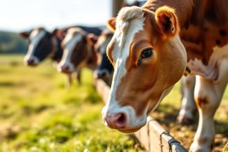 مزارع يحلب بقرة بدقة، إبريق حليب نقي على خلفية مزرعة خضراء