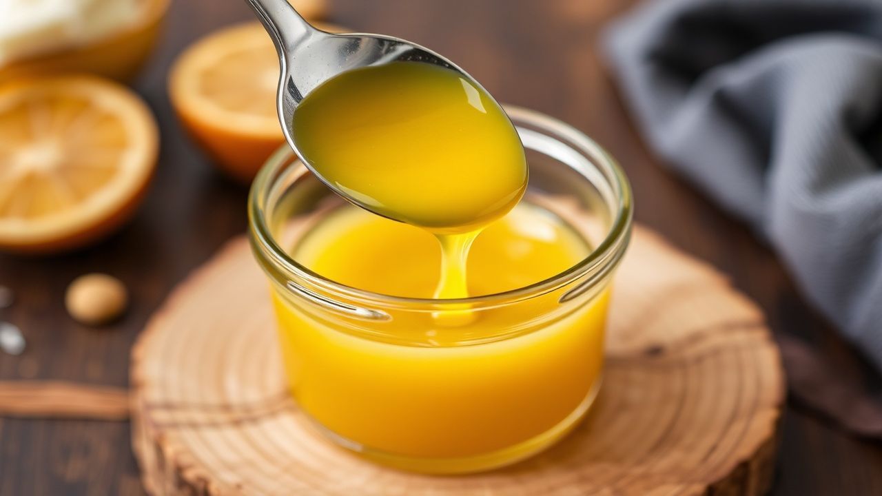 Golden Homemade Ghee in jar with spoon on wooden board, warm light highlighting clarity