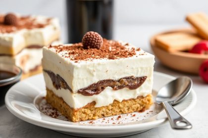 Creamy mascarpone tiramisu slice dusted with cocoa on a vintage dessert plate.