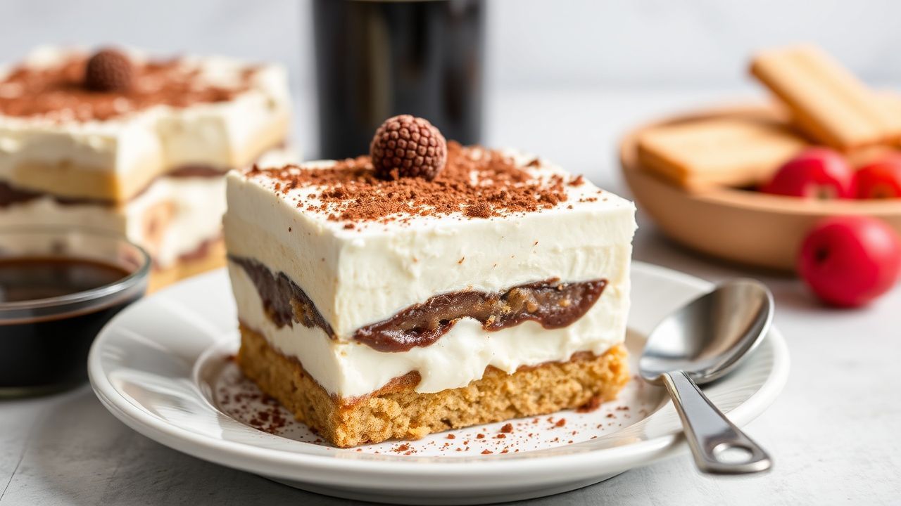 Creamy mascarpone tiramisu slice dusted with cocoa on a vintage dessert plate.