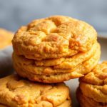 بسكويت البطاطا الحلوة الدافئ على طبق خشبي، بخار ودعوة لدفء منزلي