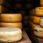 أجبان ناضجة على رفوف خشبية تعبّر عن فن التعتيق ونضج النكهة