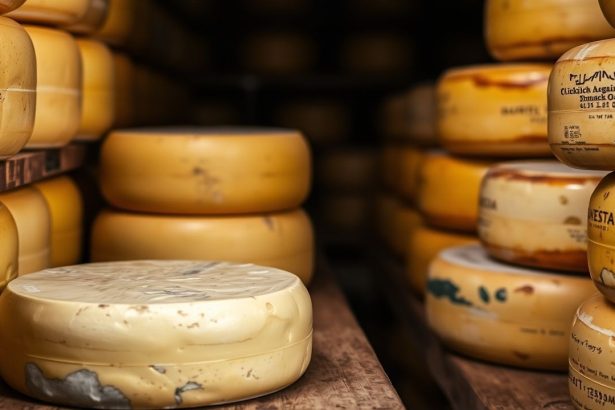 أجبان ناضجة على رفوف خشبية تعبّر عن فن التعتيق ونضج النكهة