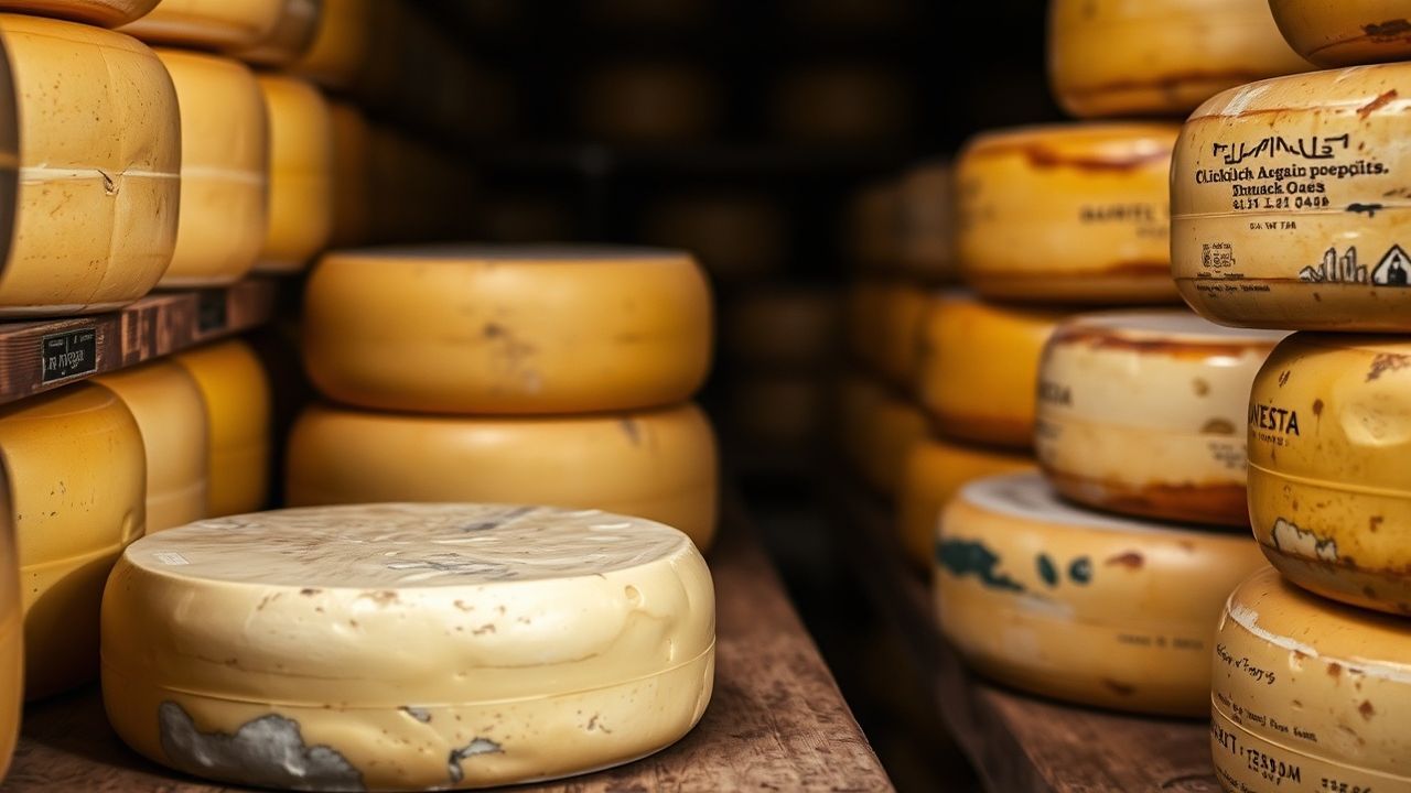 أجبان ناضجة على رفوف خشبية تعبّر عن فن التعتيق ونضج النكهة
