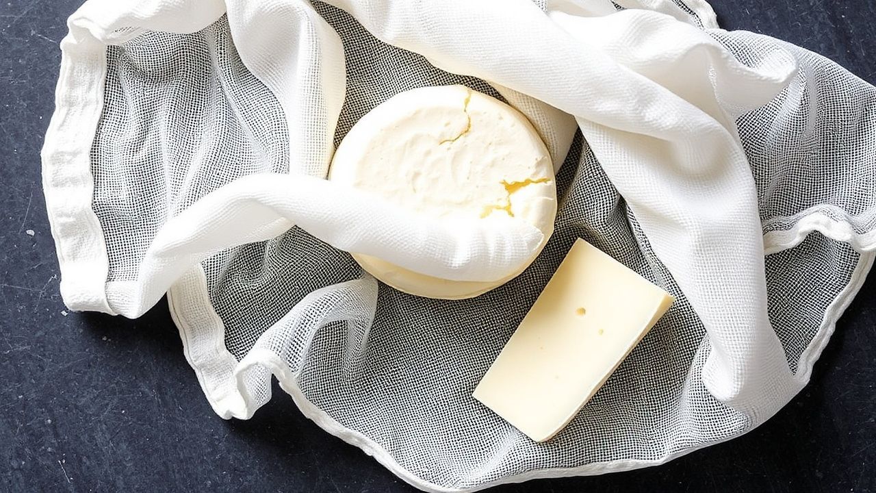 قماش الجبن بأحجام مختلفة ووعاء يوضح سهولة التصفية