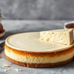 Creamy sliced cheesecake on a graham crust, garnished with berries and mint.