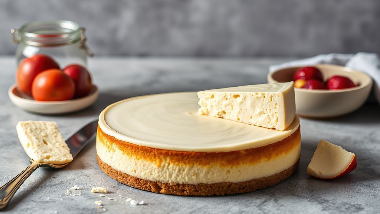 Creamy sliced cheesecake on a graham crust, garnished with berries and mint.