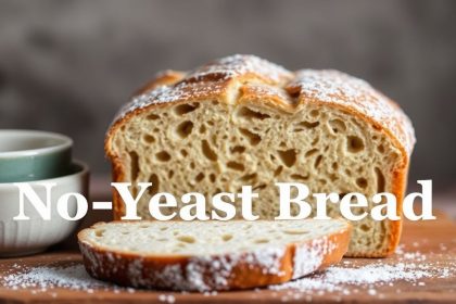 No-Yeast Bread loaves cooling on rustic wooden board, golden crust and soft crumb