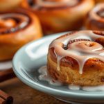 لفائف القرفة الطازجة المخبوزة مغطاة بطبقة سكر ناعمة