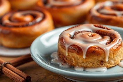 لفائف القرفة الطازجة المخبوزة مغطاة بطبقة سكر ناعمة