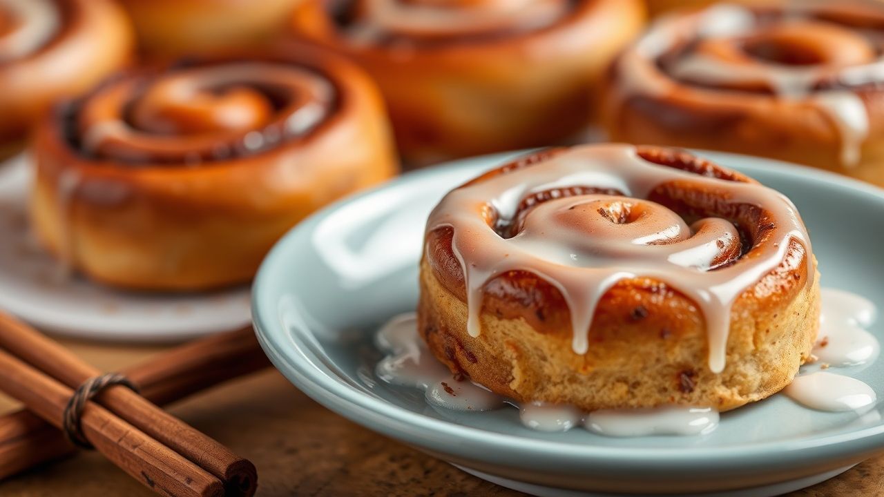 لفائف القرفة الطازجة المخبوزة مغطاة بطبقة سكر ناعمة