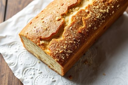 رغيف خبز باليو محلي بقشرة ذهبية وقطع ناعمة على لوح خشبي