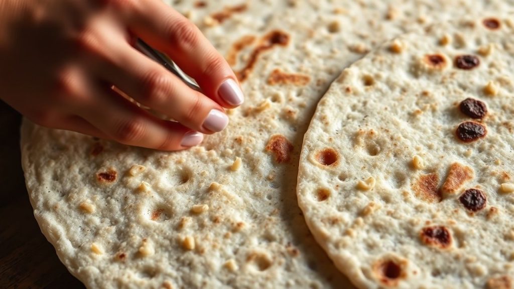 Stack of spongy Injera on wooden board, teff grains and sourdough starter jar beside