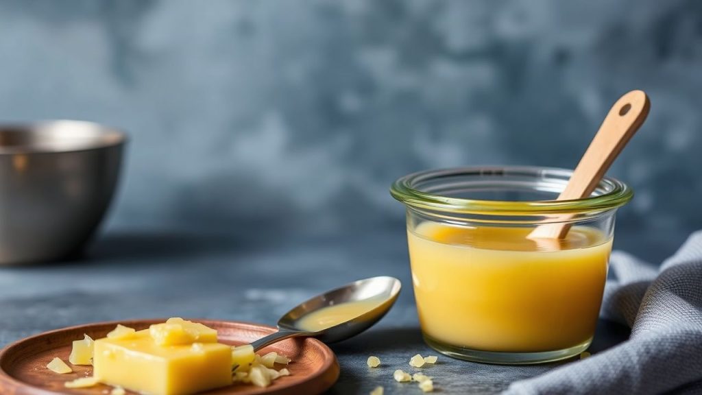Glass jar of golden Homemade Ghee with melting butter and wooden spoon