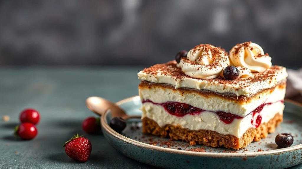 Slice of mascarpone tiramisu on plate, creamy layers and cocoa dusting