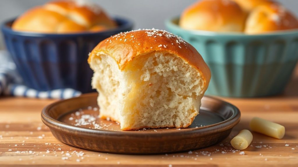 Golden, fluffy Hawaiian rolls cooling on a wooden board with a smear of butter