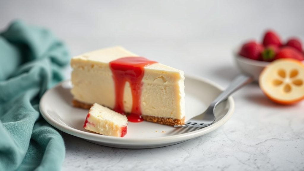 Creamy baked cheesecake slice with golden crust and slight jiggle on white plate.