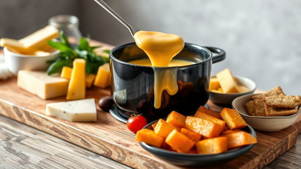 قدر فوندو جبن ذائب وخبز للتغميس مع لهب موقد صغير