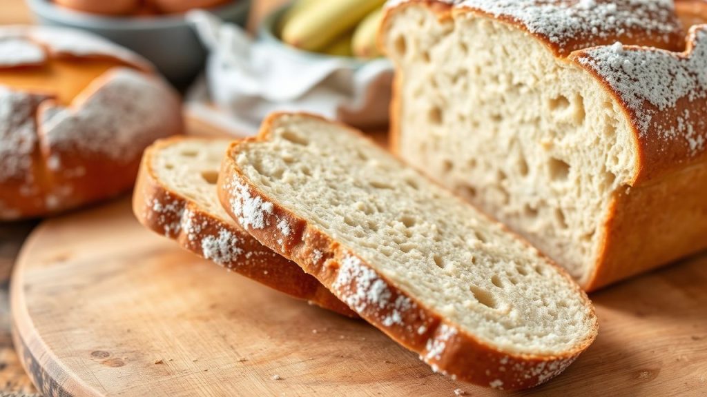 Golden No-Yeast Bread loaf and bowl of bubbling sourdough batter on wooden board
