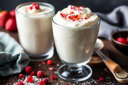 Creamy frozen kefir swirled in bowl with fresh berries and wooden spoon