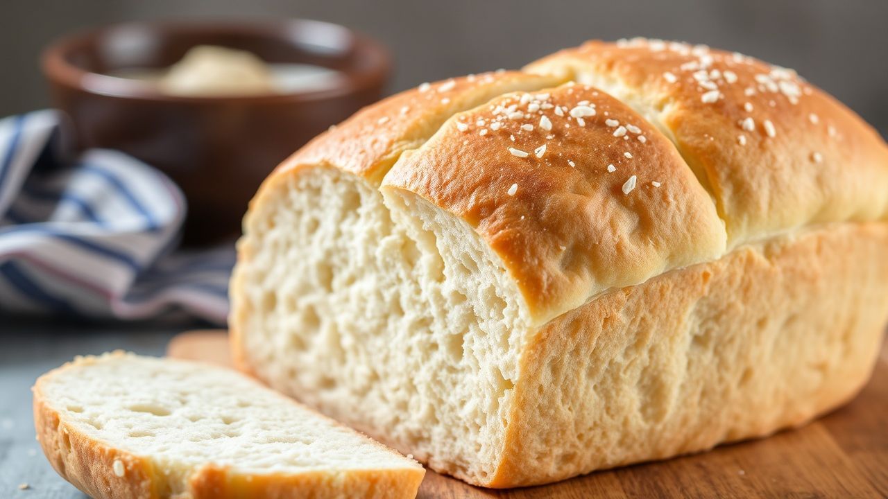 Loaf of fluffy homemade white sandwich bread cooling on wooden board