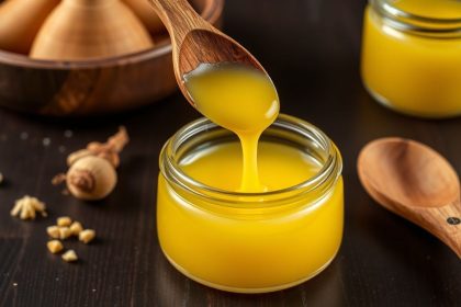 Glass jar of golden ghee and spoon on wood, homemade ghee shelf life guide
