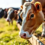 مزارع يحلب بقرة بدقة، إبريق حليب نقي على خلفية مزرعة خضراء