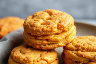 بسكويت البطاطا الحلوة الدافئ على طبق خشبي، بخار ودعوة لدفء منزلي