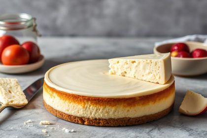 Creamy sliced cheesecake on a graham crust, garnished with berries and mint.