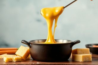 قدر فوندو جبن ذائب ذهبي وخبز يُغمس، لمسة منزلية