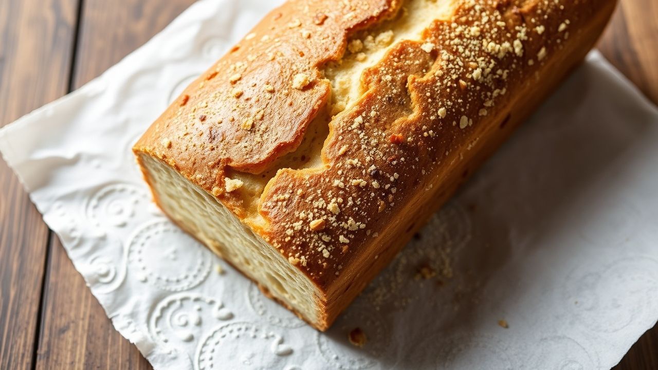 رغيف خبز باليو محلي بقشرة ذهبية وقطع ناعمة على لوح خشبي