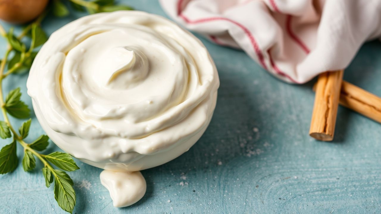 وعاء كريم فريش منزلي مع ملعقة وخبز مقرمش