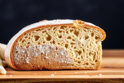 رغيف خبز مقطع يظهر قشرته الذهبية والقوام الداخلي مع تلميح لرائحة خميرية