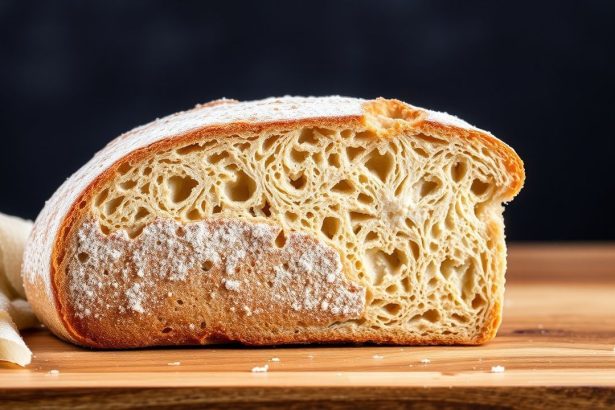 رغيف خبز مقطع يظهر قشرته الذهبية والقوام الداخلي مع تلميح لرائحة خميرية