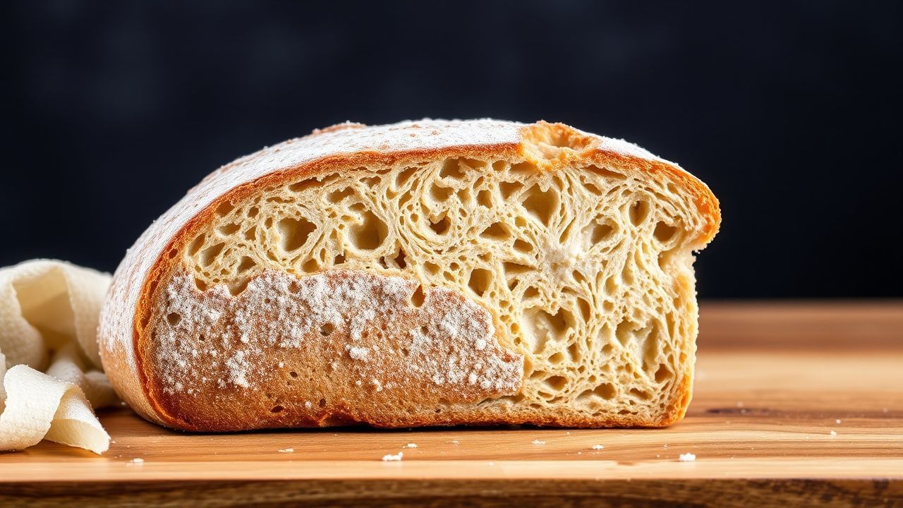 رغيف خبز مقطع يظهر قشرته الذهبية والقوام الداخلي مع تلميح لرائحة خميرية