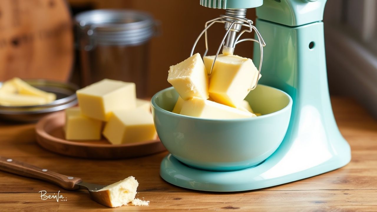خلاط قائم يخفق قشدة لصنع زبدة منزلية طازجة في وعاء مع ملعقة