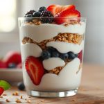 كأس بارفيه زبادي كريمي بطبقات فواكه طازجة وموسلي ومكسرات