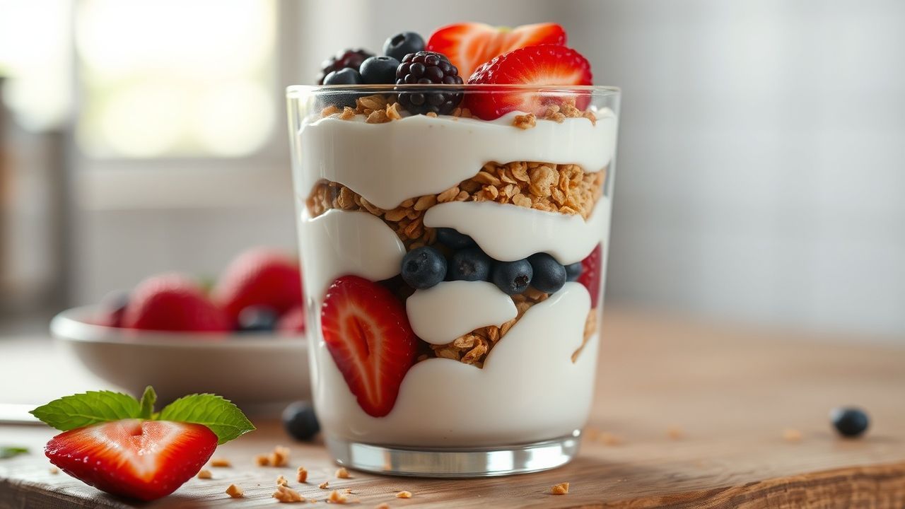 كأس بارفيه زبادي كريمي بطبقات فواكه طازجة وموسلي ومكسرات