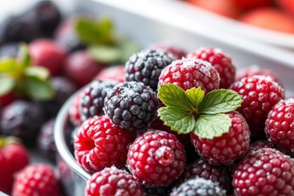 توت طازج مجمّد مفصول على صينية بدون تكتلات