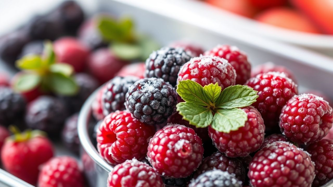 توت طازج مجمّد مفصول على صينية بدون تكتلات