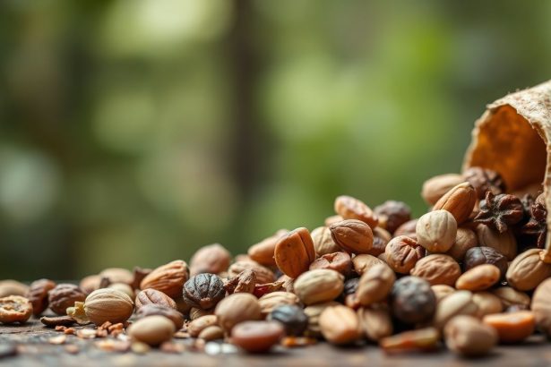 لوح طاقة من مكسرات برية مُجمّعة يدوياً على خلفية طبيعية