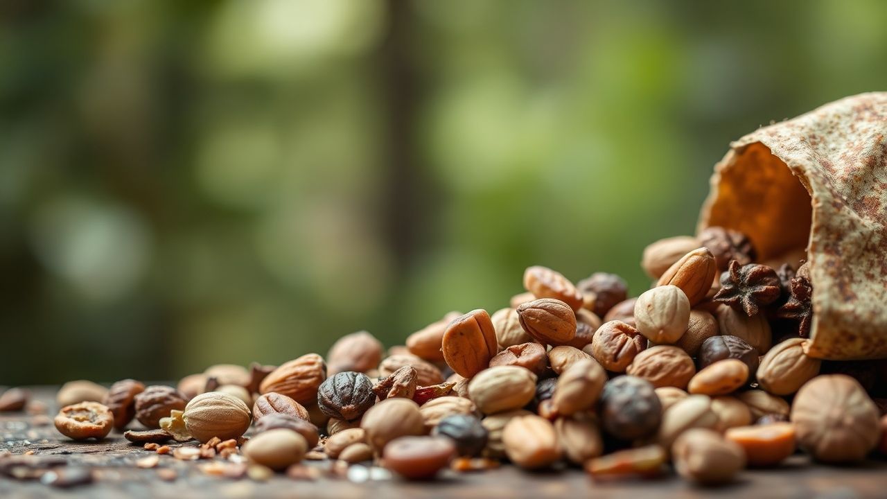 لوح طاقة من مكسرات برية مُجمّعة يدوياً على خلفية طبيعية