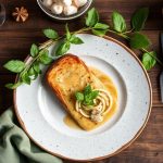 طبق ريفي دافئ مُقدَّم على لوح خشبي مع أقمشة منزلية