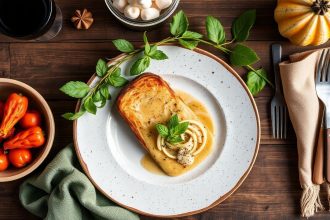 طبق ريفي دافئ مُقدَّم على لوح خشبي مع أقمشة منزلية