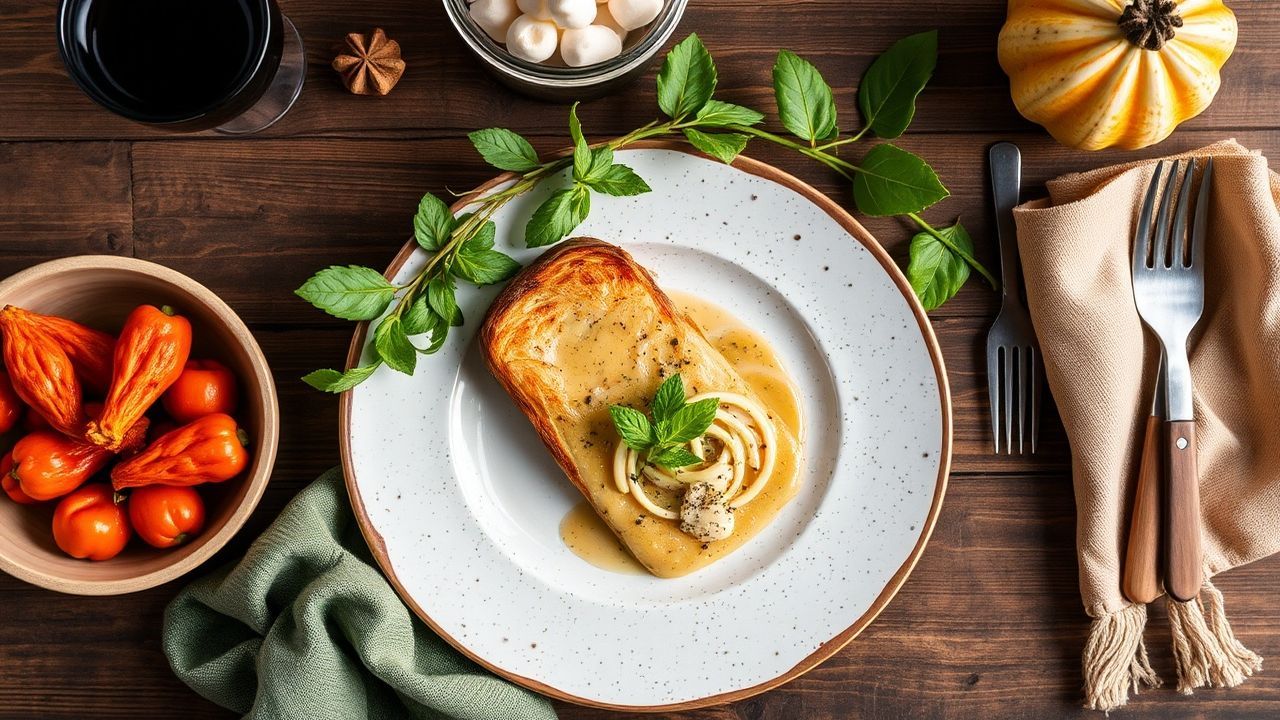 طبق ريفي دافئ مُقدَّم على لوح خشبي مع أقمشة منزلية