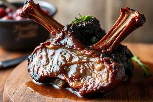 ذيل بقري مدخن طري على طبق مع توابل وعصارة